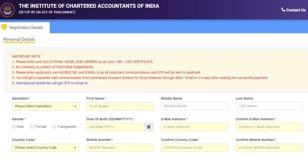 ICAI Registration process portal